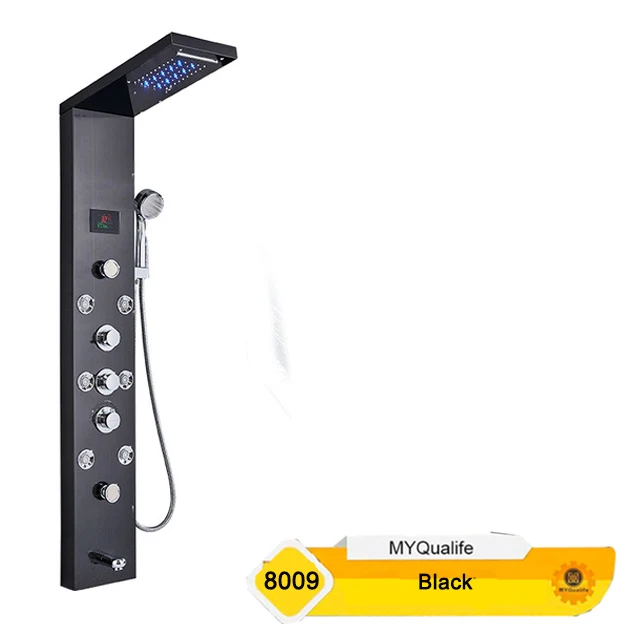 8009 Black Светодиодный светильник из нержавеющей стали, душевая панель, кран, настенный спа массажная система, душевая колонка, Цифровой температурный экран - Цвет: 8009 Black