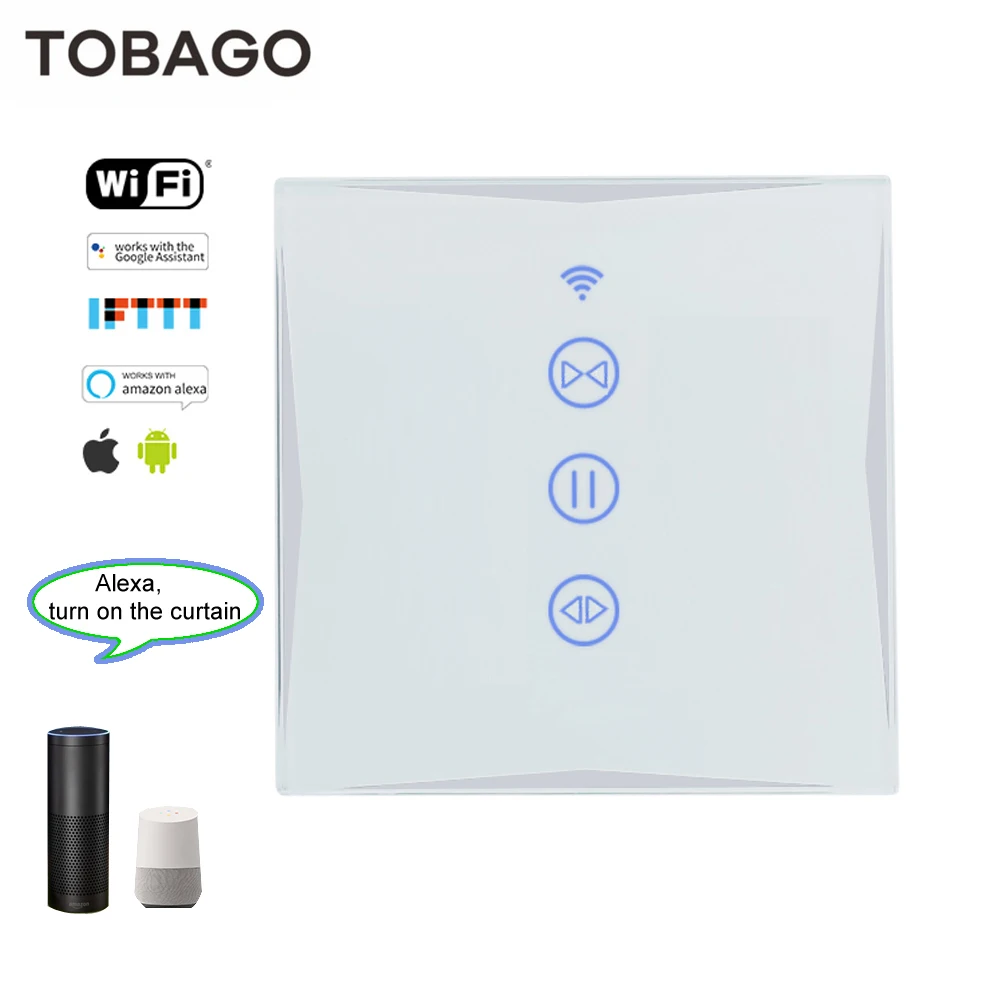 Переключатель занавески Умный дом беспроводной Wifi модуль, ЕС/Великобритания стиль белый стеклянный сенсорный экран, Amazon Echo Alexa Голосовое управление
