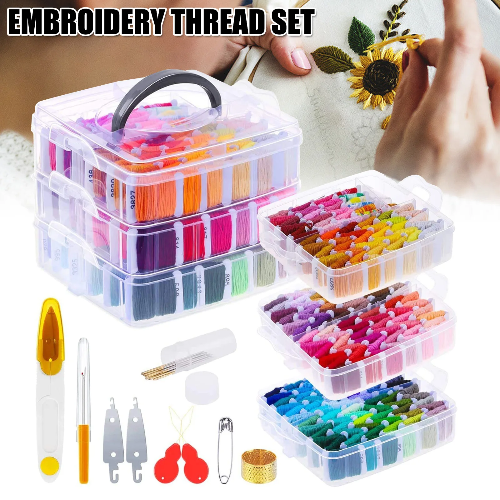 

150 Color Sewing Thread + Cross Stitch Tool Set Embroidery Kit Dental Floss 3-layer Transparent Storage Box Embroidery Tools