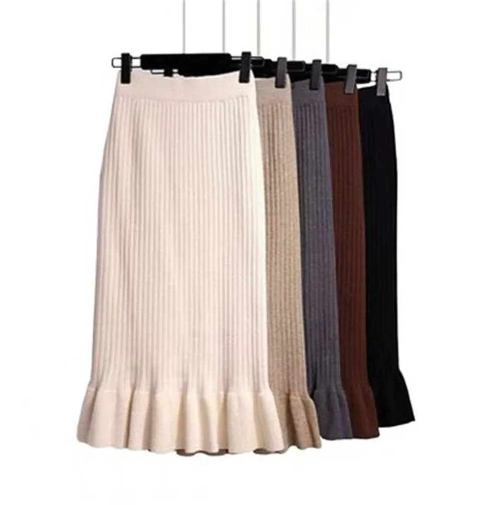 

Women Skirt Knitted High Waist Pleated Lady Skirts Solid Elastic Mermaid Knitting Ribbed Autumn Winter Female Bottoms Two Types