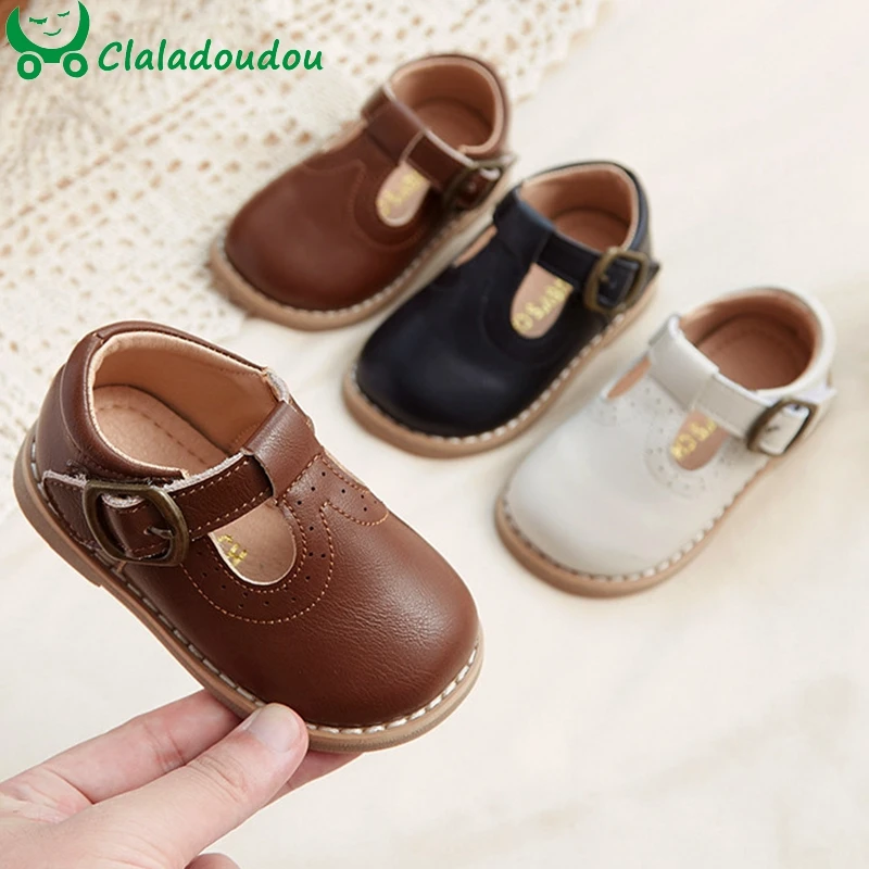 

12-15.5cm New Girls Dress Leather Shoes,Retro British style Spring Autumn Toddler Flats Shoes,T-strap Soft Bottom First Walkers