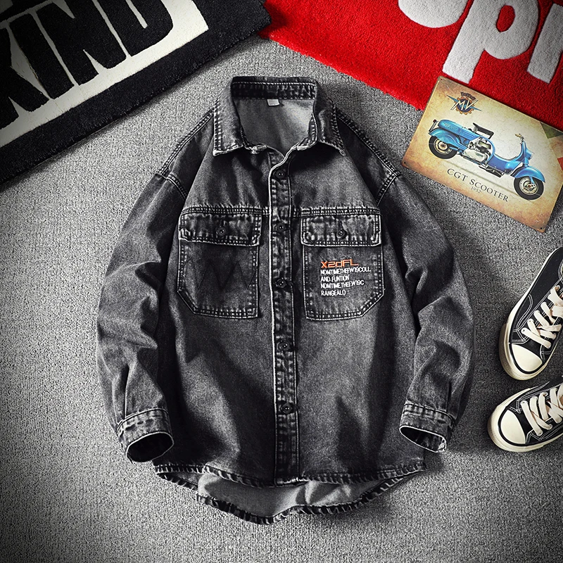Denim Shirt Men Embroidery Solid Color Pocket Long Sleeve Shirts Male Fashion Sports Loose Plus Size Blouse New Arrival | Мужская одежда