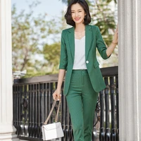 new spring female elegant womens pants suit green striped blazer and trouser business jacket office lady 2 pieces set plus size