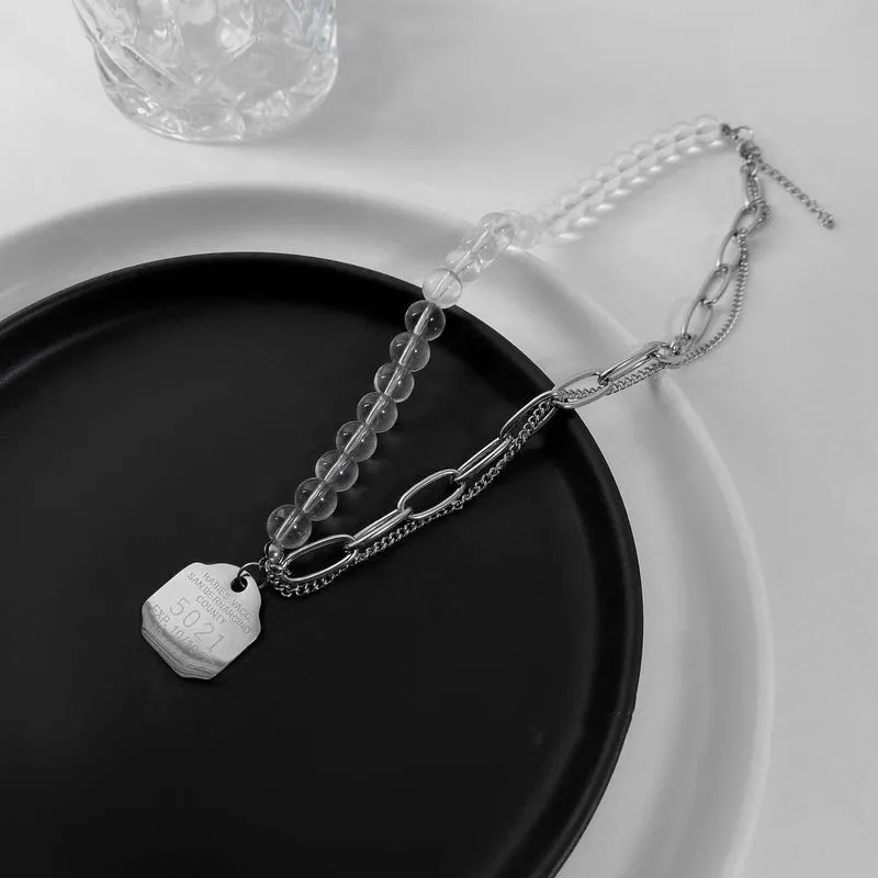 

POTCET Women's Stainless Steel Pearl Square Brand Letter Titanium Steel Necklace Pendant Geometric Fashion Hip Hop Party Jewelry