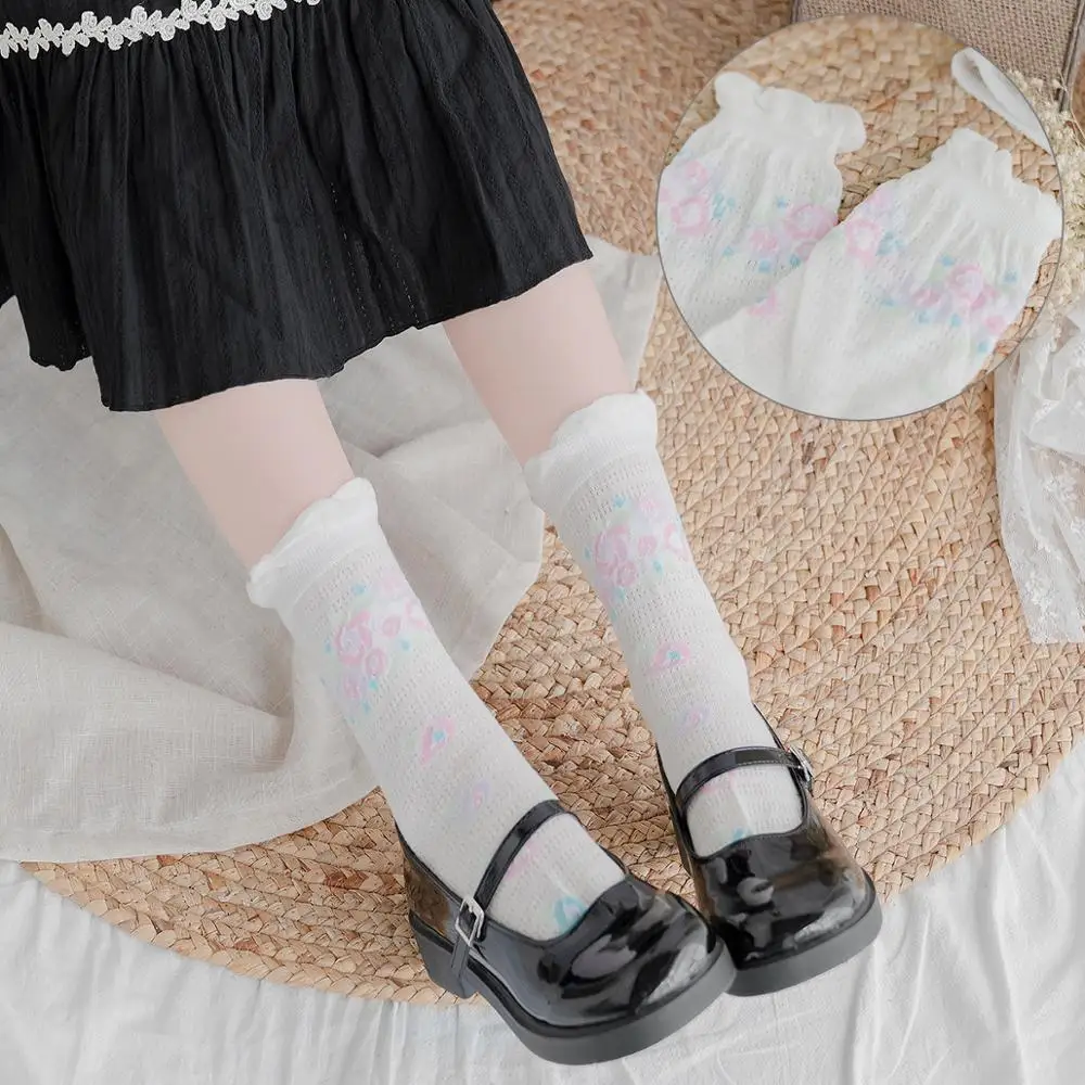 

Mori Girl Harajuku Lolita socks Tea Party Cosplay printing flowers socks cotton Lolita lovely lace lower leg socks