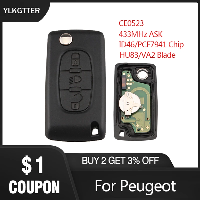 YLKGTTER 2 кнопочный Автомобильный Дистанционный ключ подходит для Peugeot 207 307 308 407 807