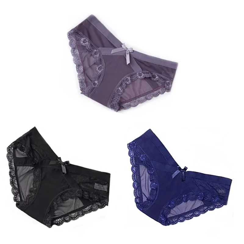 Blue Black Gray 3 шт./компл. сексуальные кружевные женские трусики хлопковые белье прозрачные сетчатые трусы для девушек Красота лук с низкой посадкой, мужское нежнее бельё - Цвет: Blue Black Gray