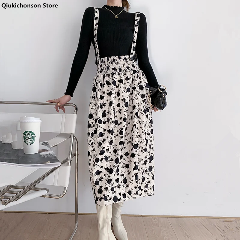 

Leaves Printing Midi Long Skirt For Women 2021 Spring Summer Lolita Skirt Teens Soft Girl High Waist Straps Suspender Skirts rok