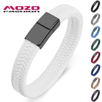 fashion men jewelry white braided leather bracelet black stainless steel magnetic clasp fashion women bangles