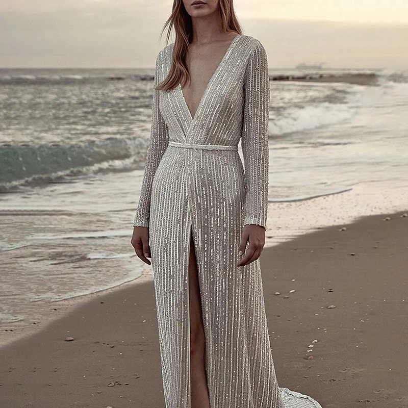 Women's dresses high waist Sexy Sequin full sleeve Maxi Dress Deep V-Neck Split Evening Party Ball Gown ladies dress | Женская