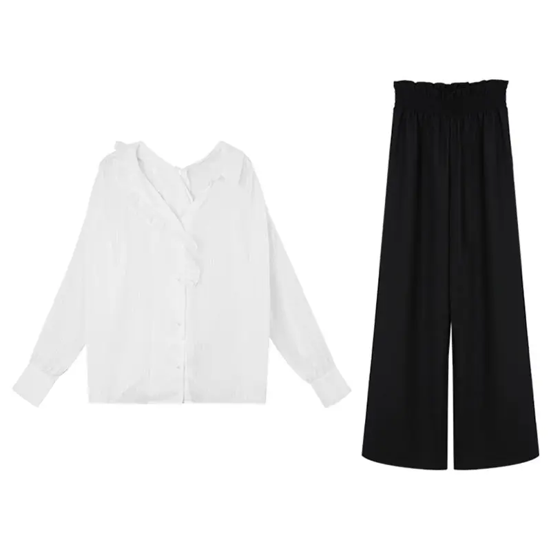 

White Chiffon Shirt Spring Suit 2020 New Style Wide Leg Suit Pants Two-Piece Suit