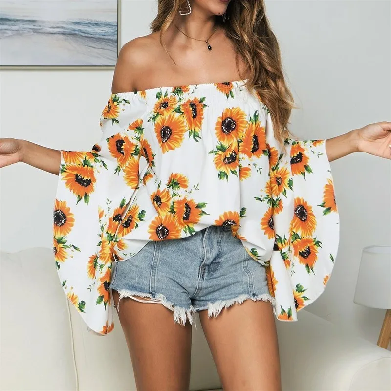

2020 Spring and Summer New Hot Selling Sunflower Printed off-Shoulder Top