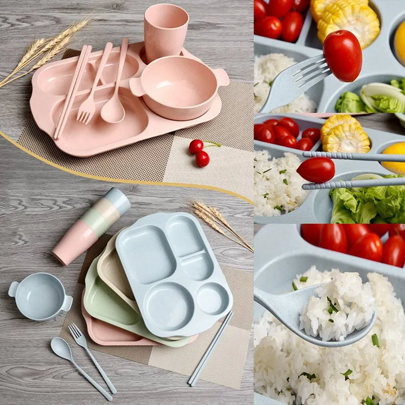 

6 PCS dinner plate Spoon Bowl Nordic Wheat straw student dinner plate Tableware Set With Tool Kitchen Accessoires Kid Gifts