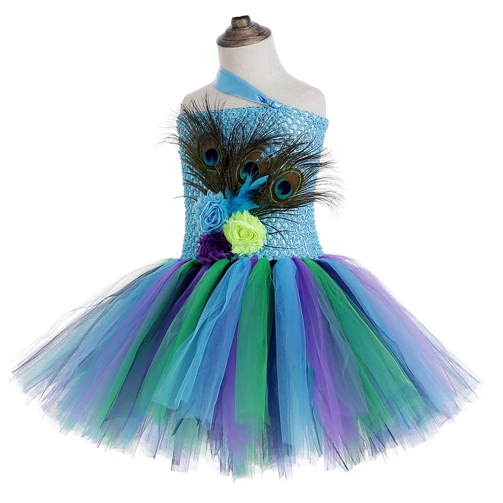 Платье-пачка принцессы с павлином для девочек Вечерние платья из тюля перьями и