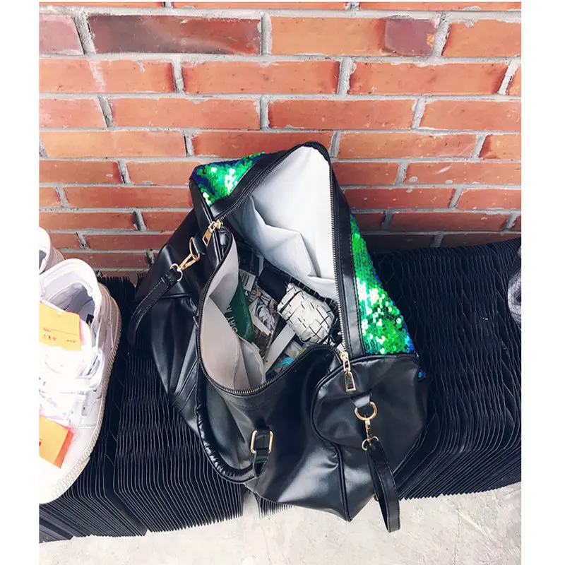 

PUOU HOT men women's pu handbags fashion sequins embroidered travel bag pink large capacity couple fitness diagonal shoulder bag