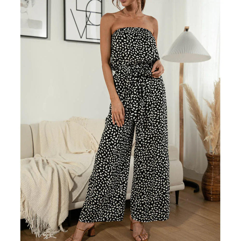 

Sexy Heart-shaped Dot Print Jumpsuit Lace-up Wide Legs Strapless Casual Trousers Summer Sleeveless Long Romper 2021 Streetwear
