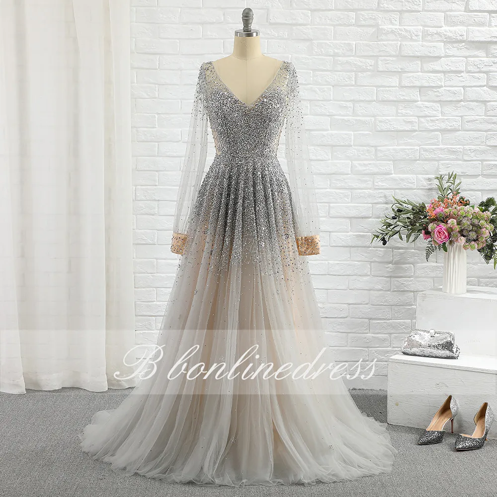 

Серебристое вечернее платье с кристаллами Bonlinedress, вечерние платья с V-образным вырезом, открытой спиной и длинным рукавом, вышитые бисером