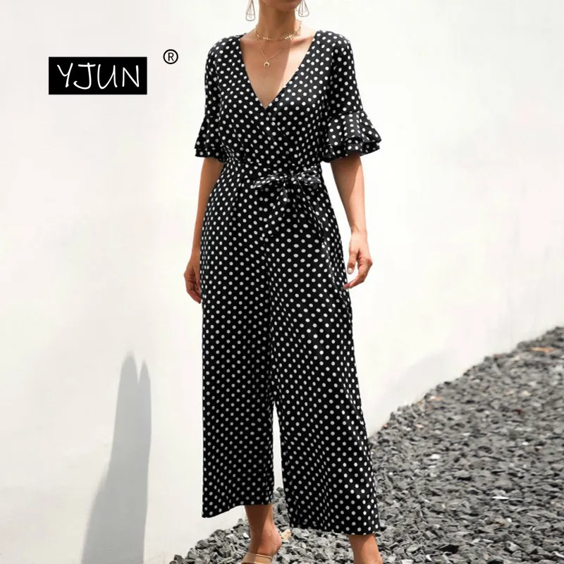 Summer Jumpsuit Polka Dot Casual Long Pants Ruffle Short Sleeve Vintage Boho Fashion Beach Overalls Women Rompers | Женская одежда