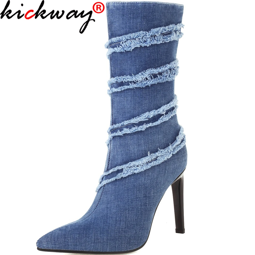 

Kickway/сексуальный носок; Ботинки; Джинсовые ботильоны на высоком каблуке для женщин; Модная обувь; Коллекция 2021 года; Сезон весна-осень; Ботил...