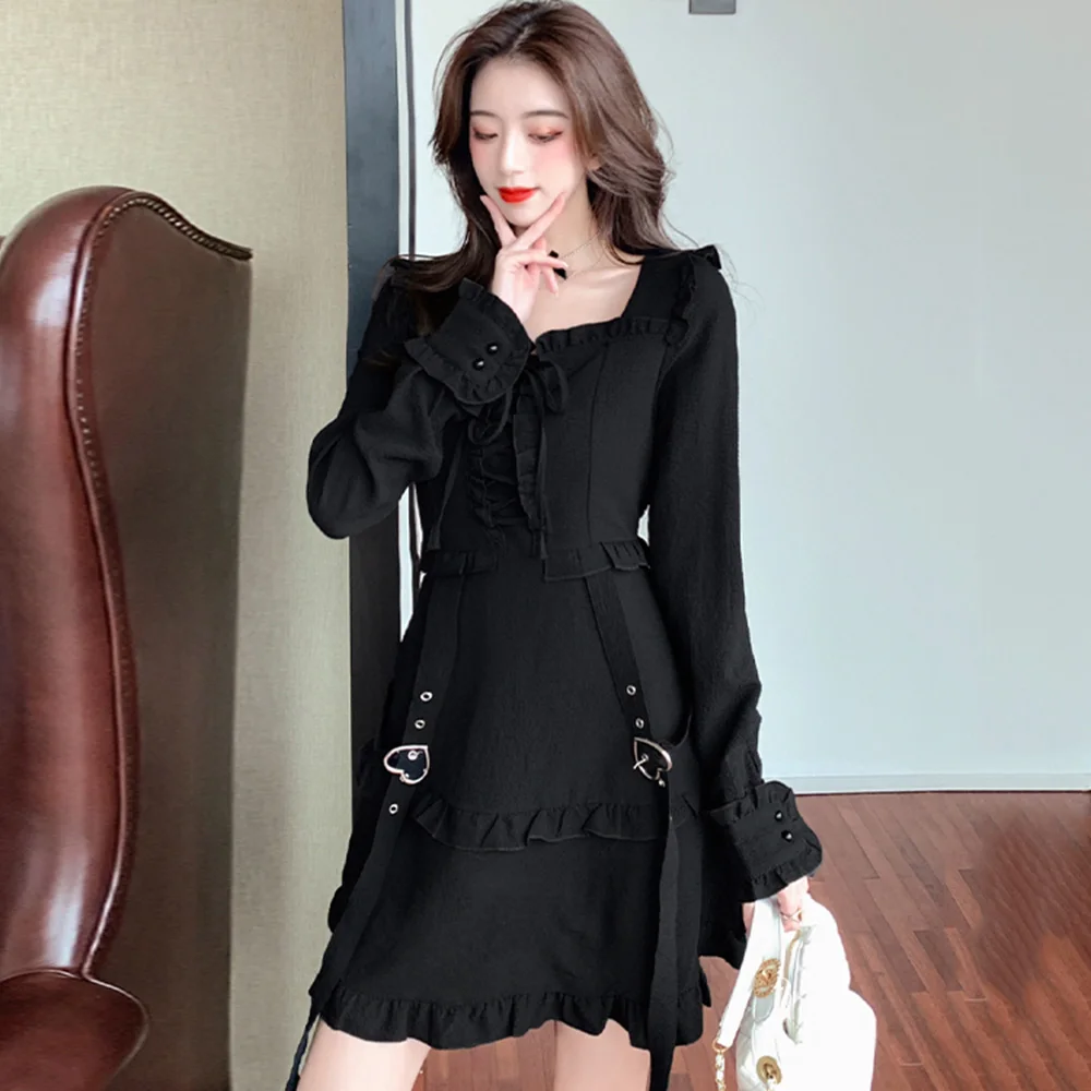 

Gothic Women Dress Spring Autumn New Fashion Hipster Designer Creative Hot Sale Fungus Bandage Square Collar Long Sleeve Dresses