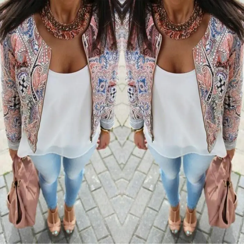 Женская Повседневная Цветочная куртка с длинным рукавом на молнии верхняя