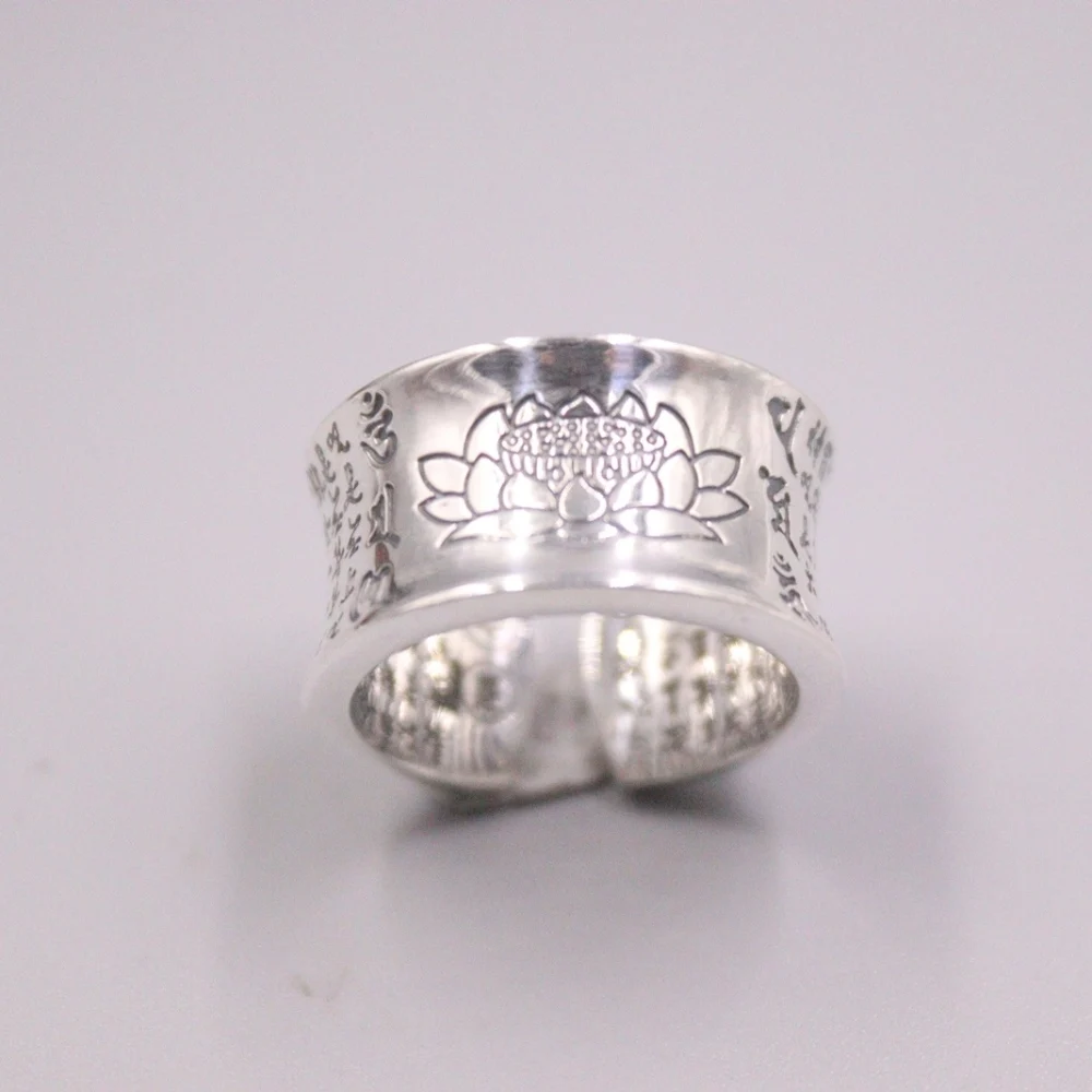 

S925 Sterling Silver Ring Women Men Luck Lotus Flower Six-word Motto Ring 12mmW Open Size / Best Gift