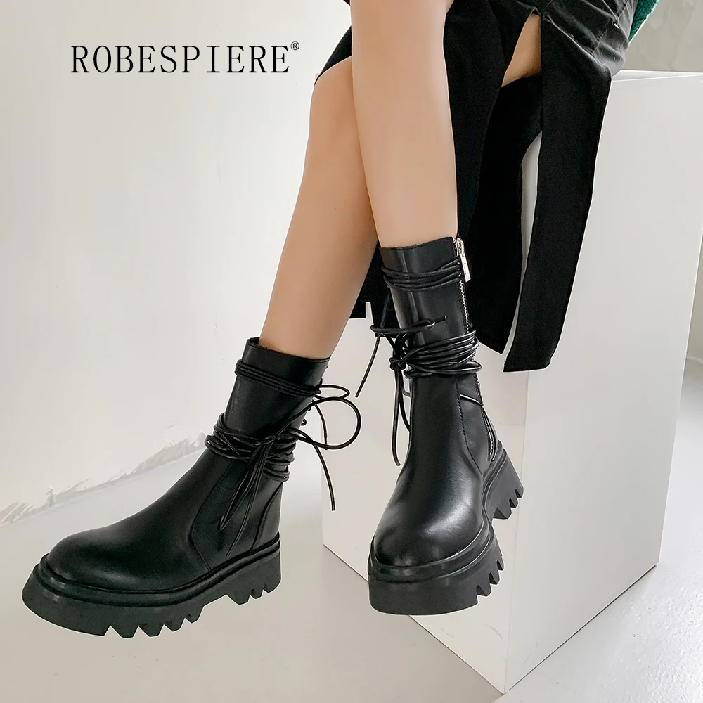 

ROBESPIERE-2021 Winter Leather Ankle Boots Round Toe Zipper Lace Martin Boots All-match Thin Sponge Cake With Women's Boots-B298