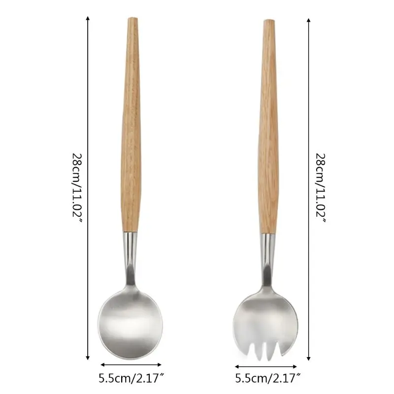 

2 Pcs Salad Spoon Fork with Long Wooden Handle Set Stainless Steel Dessert Tool