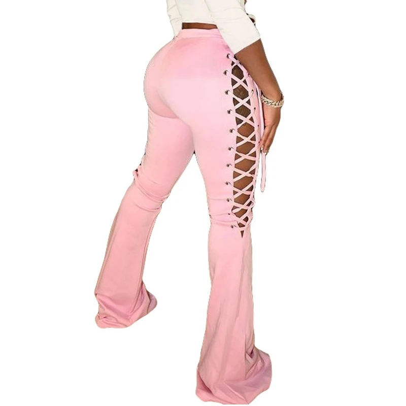 

ZKYZWX Sexy Solid Cross Bandage Flare Pants for Women Fall Fashion High Waist Hollow Out Streetwear Night Club Casual Trousers
