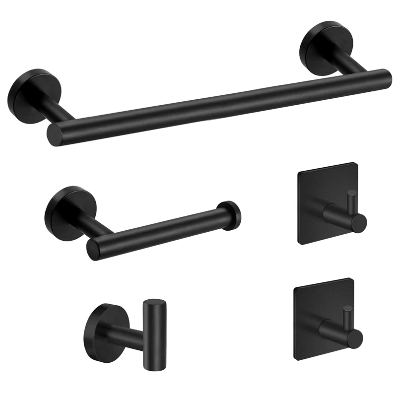 

5-Pieces Matte Black Bathroom Hardware Set Stainless Steel Round Wall Mounted - Includes 12 Inch Hand Towel Bar, Toilet Paper Ho