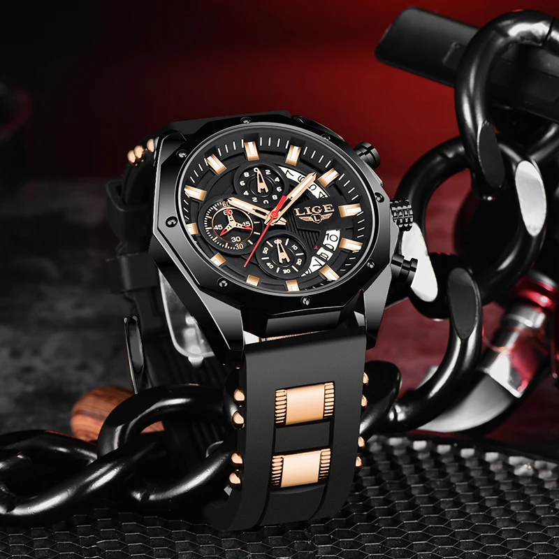 Часы наручные LIGE Мужские кварцевые спортивные водонепроницаемые с силиконовым