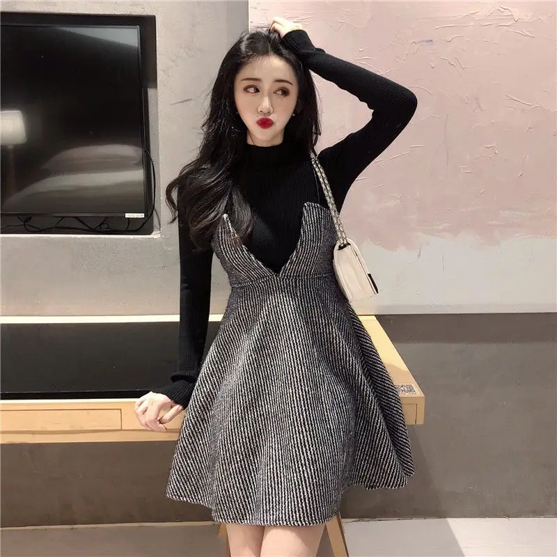 

skirt woman Autumn 2021 new Korean fashion loose stripe mid-length student gray woman dresses oversized casual female clothes
