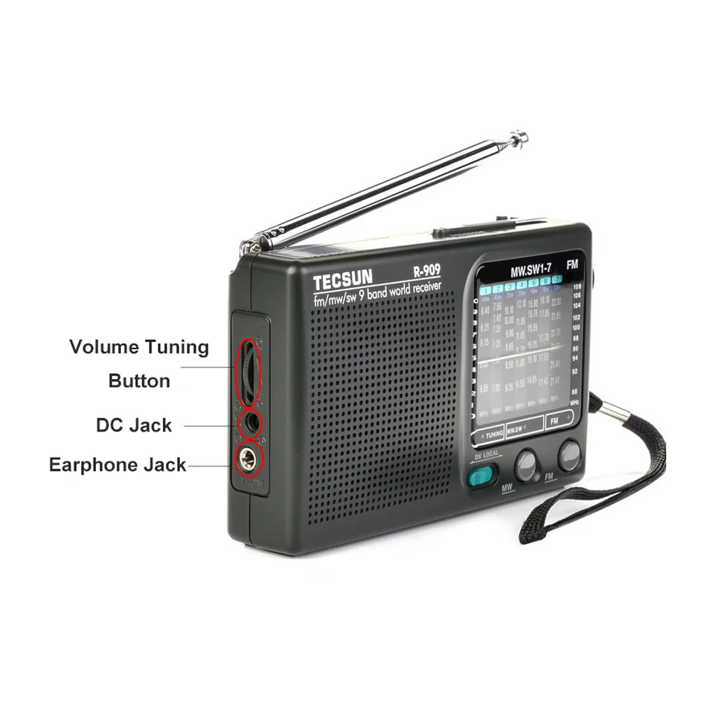 Радиоприемник TECSUN R-909 AM/FM/SW диапазон 1-7 диапазонов 9 Портативный радиоприемник FM: 87