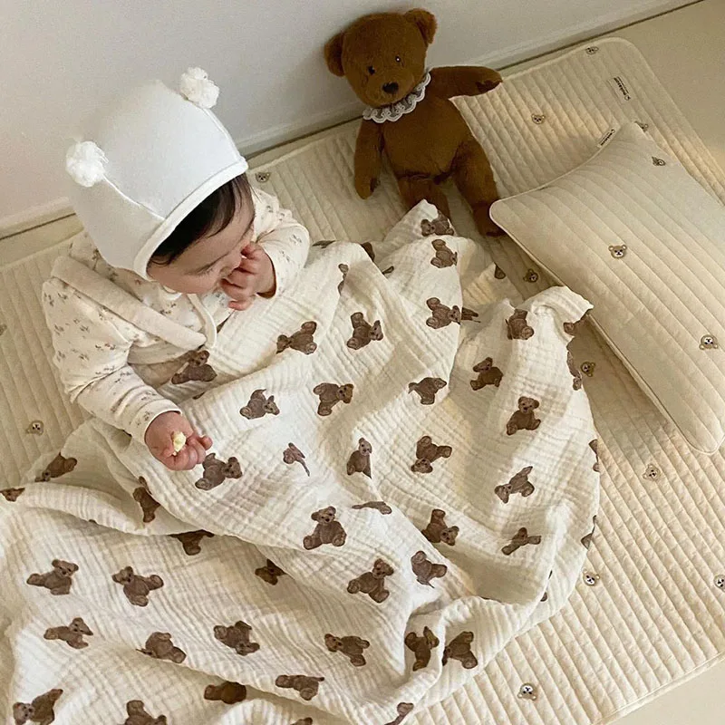 Детские одеяла с принтом медведя хлопковые муслиновые пеленки для новорожденных