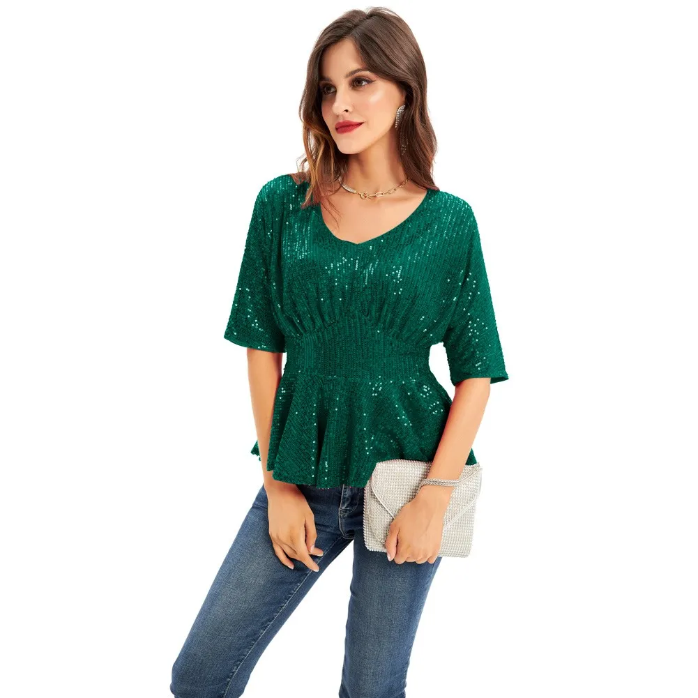 

Women T-shirt Sequined Peplum Tops 1/2 Batwing Sleeve V-Neck Defined Waist Tops Casual Clothing Youth Girls Lady Summer Tee New