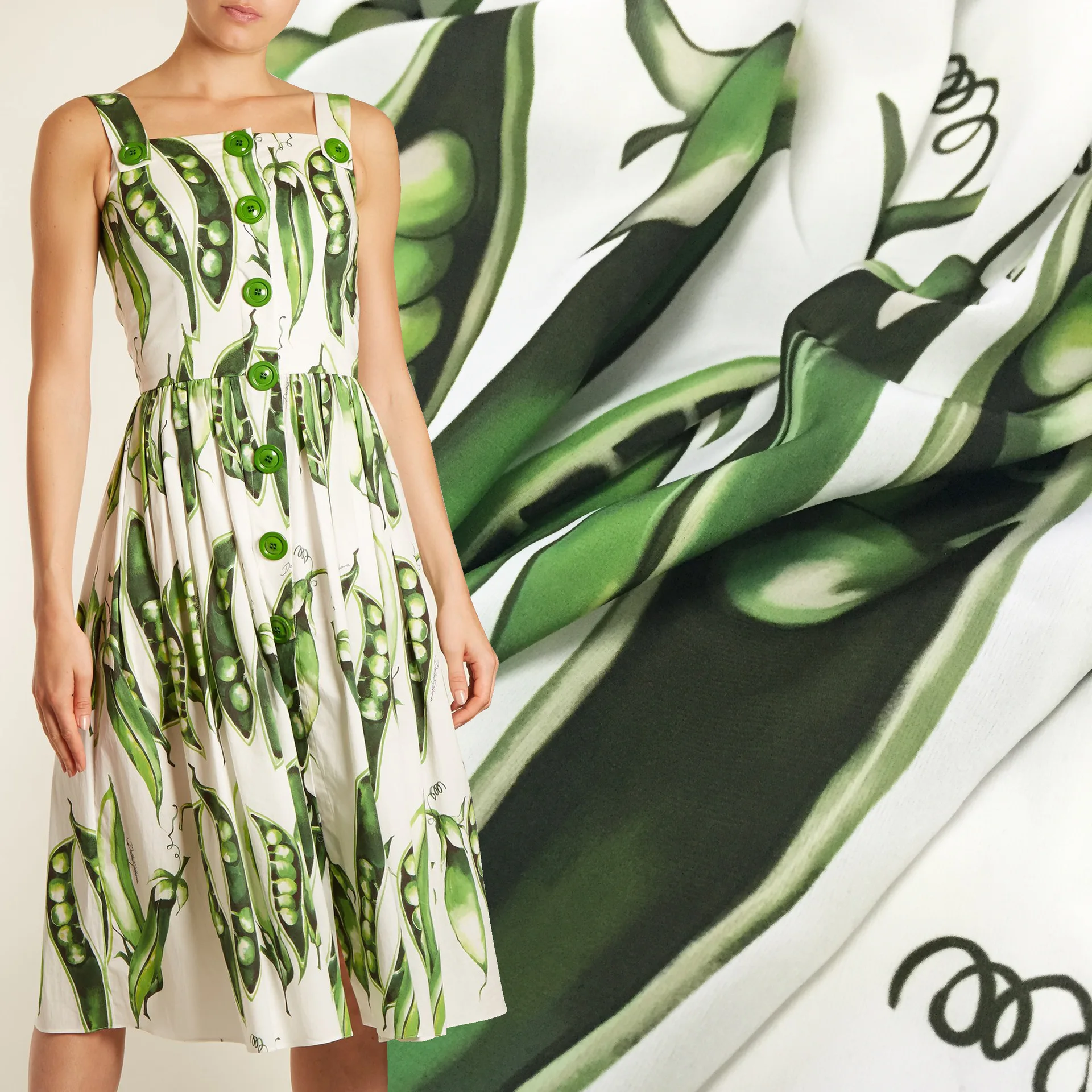 

Spring and summer new brand with the same paragraph hand-painted peas print skirt fabric fashion clothing cloth wholesale