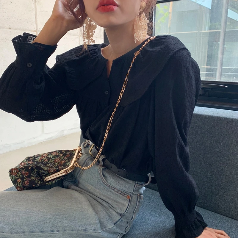RICININA воротник Питер Пэн черная блузка для женщин длинный рукав фонарик оборки