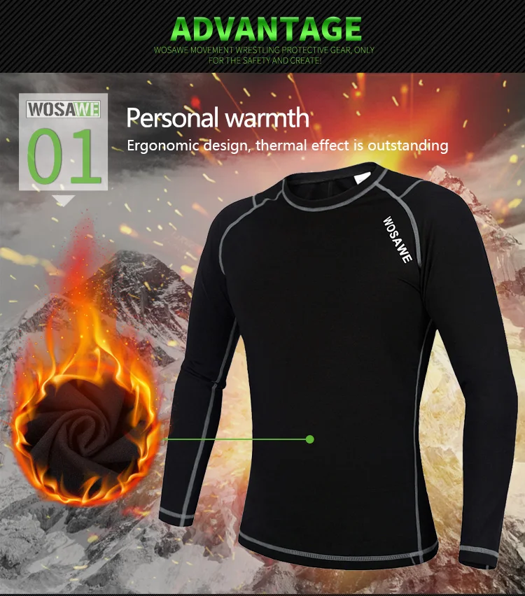 WOSAWE Running T-Shirt Fleece Thermal Underwear Winter Long Johns Tops Fitness Gym Shirts for Jogging Cycling Sports Base Layer