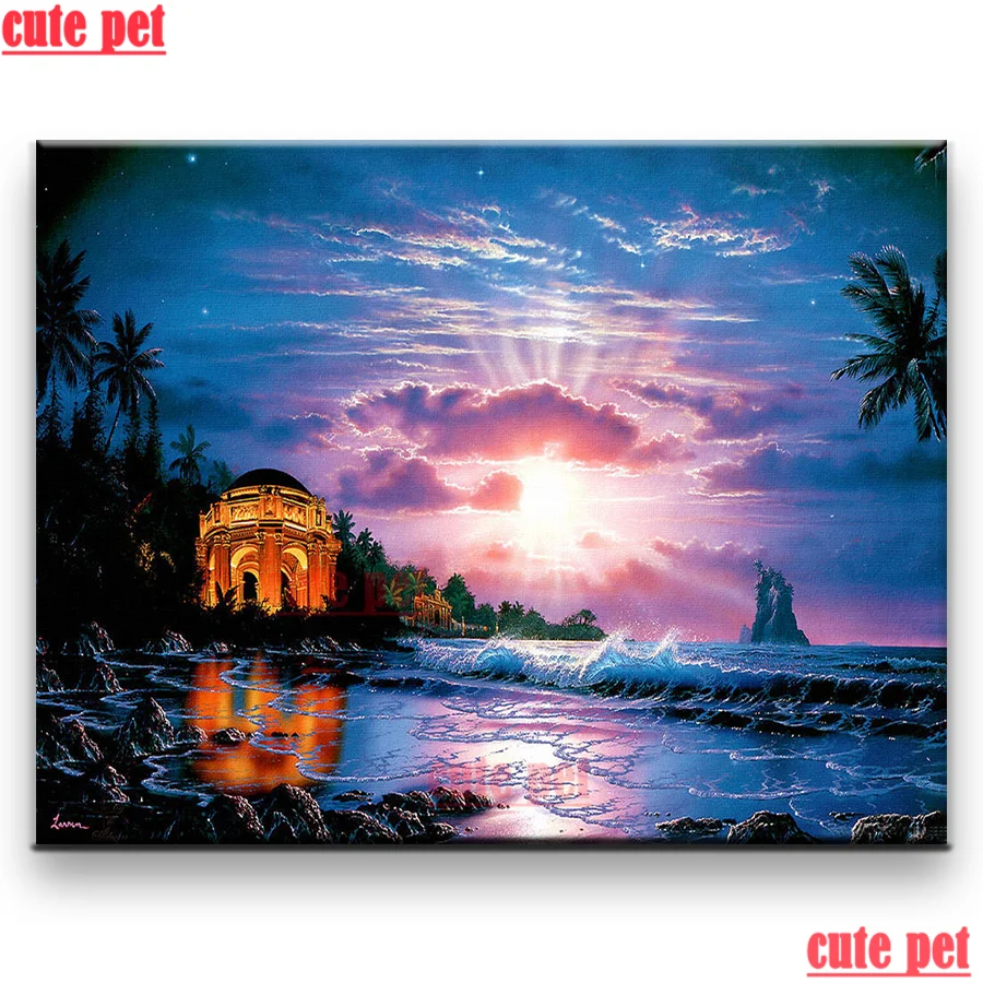 

Милая картина ручной работы с изображением домашних животных, вышивка крестиком с заката, Морского Пейзажа, искусство, картина, обои, алмазная вышивка