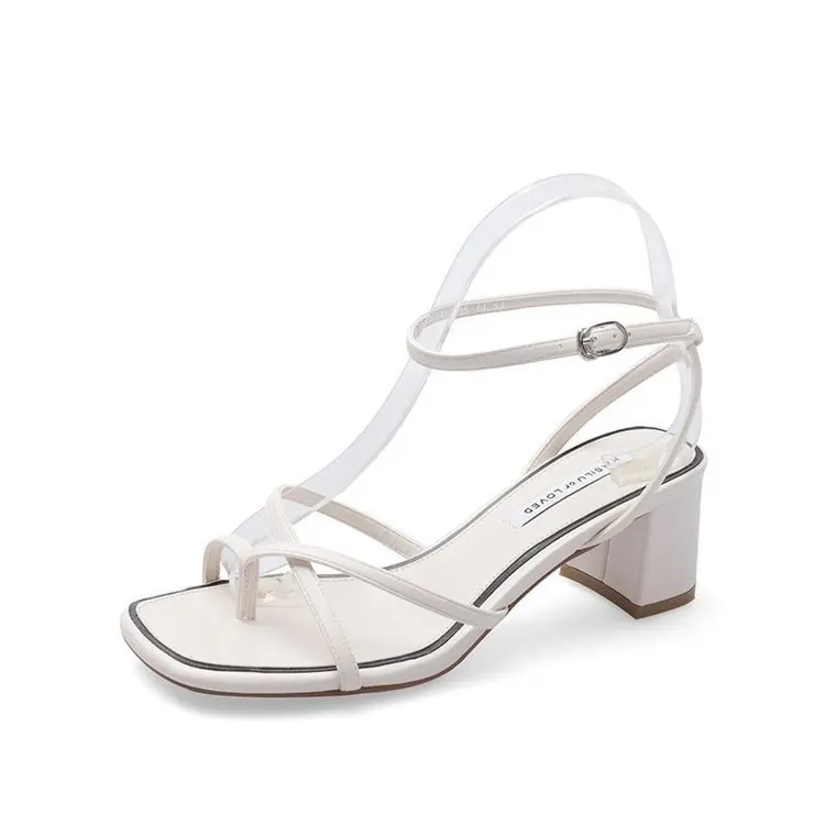 

Female Sandal 2021 Summer Block Heels Comfort Shoes for Women Square Toe Med Girls Chunky Fashion New Beige Medium Rome Back Str
