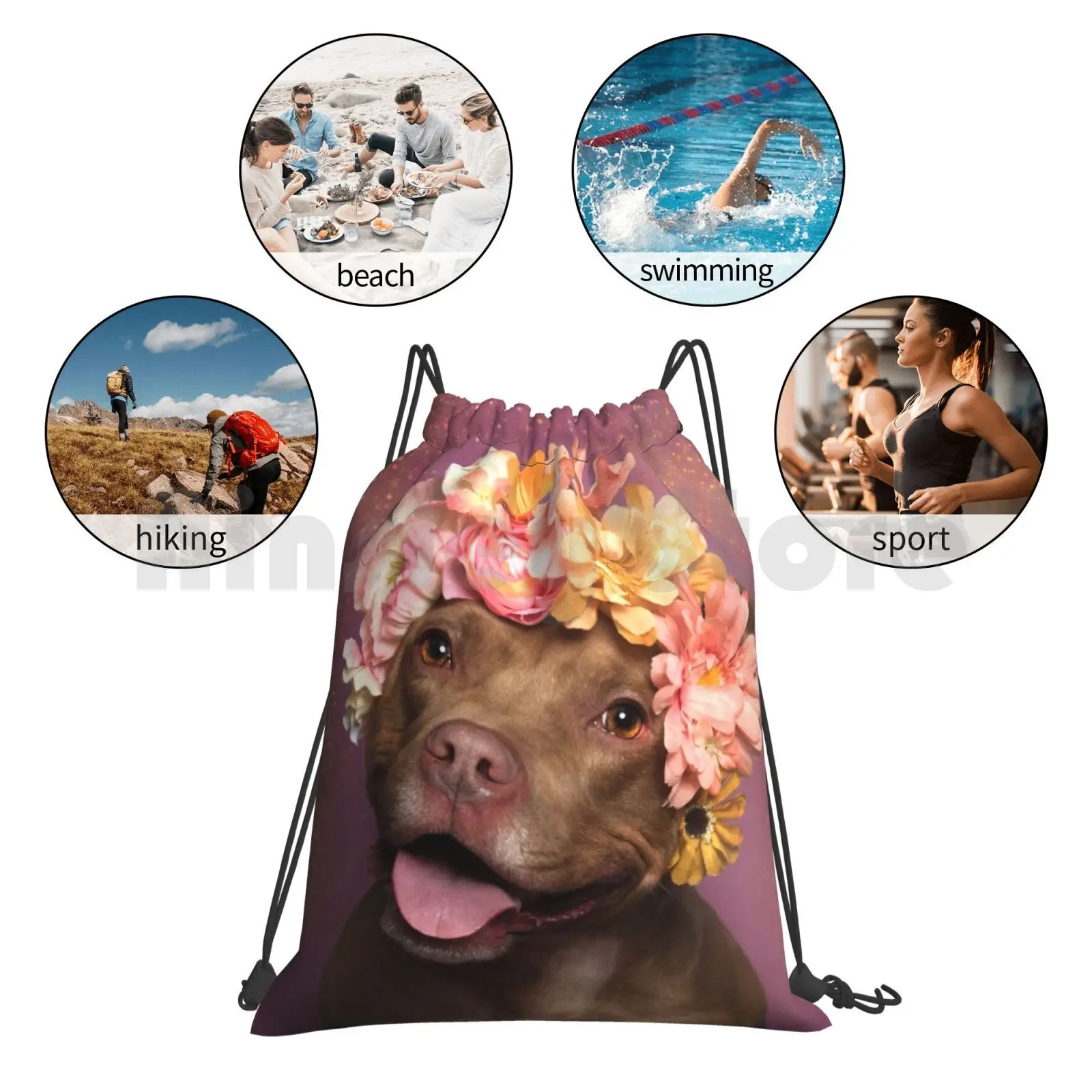 

Flower Power , Topaz Backpack Drawstring Bags Gym Bag Waterproof Pit Bull Flowers Dog Rescue Shelter Love Flower Crown