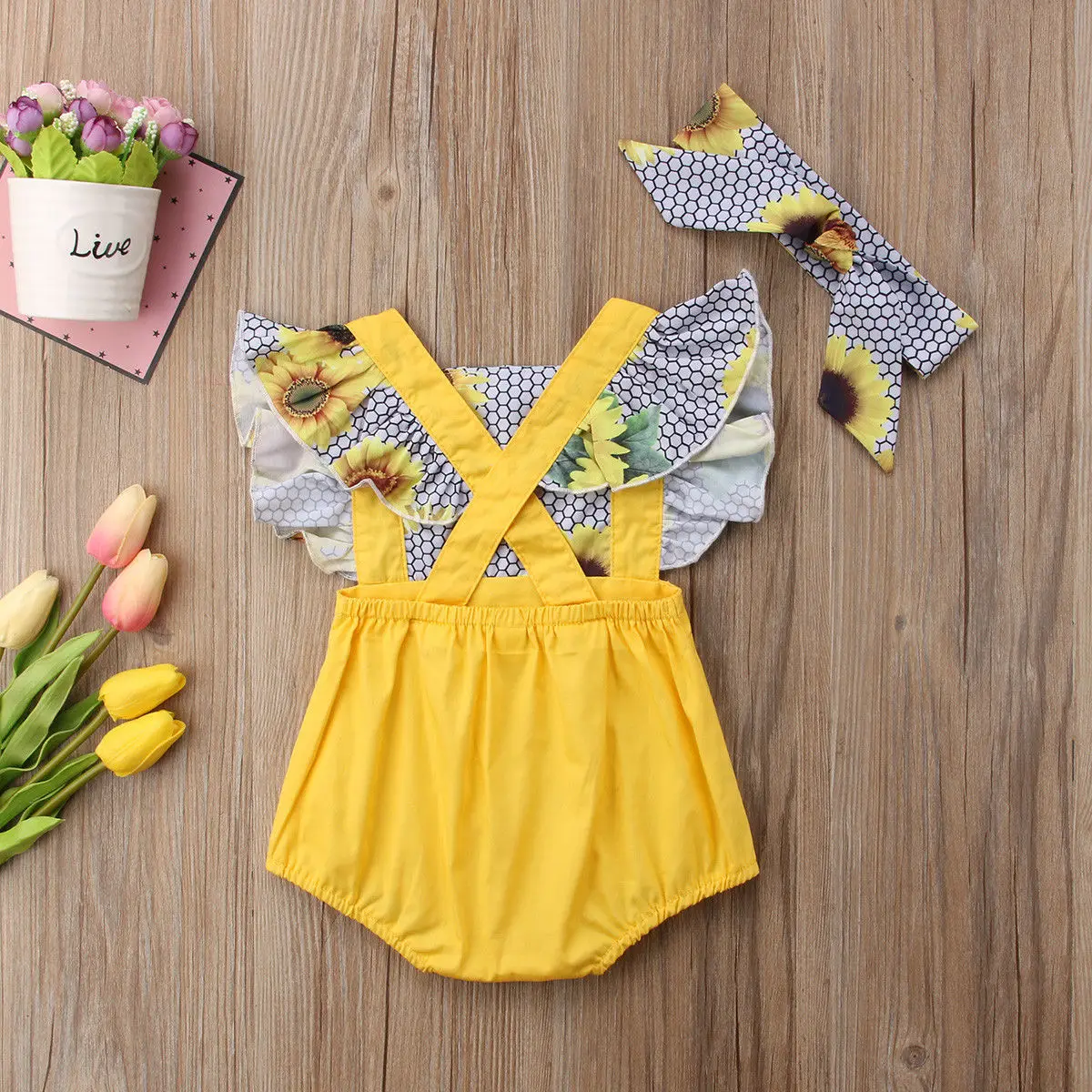 

New Baby Girls Ruffles Sunflower Romper Infant Fake two pieces Jumpsuit Outfit Newborn Sunsuit Clothes baby clothing