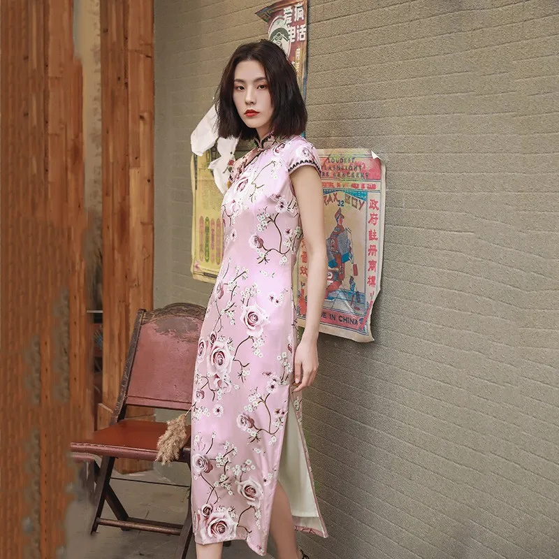 

Summer Sweet Rose Print Long Cheongsam Lady Pink Elegant Lace Trim Novelty Qipao Mandarin Collar Sexy Slim Classic Chinese Dress