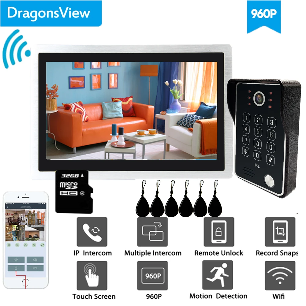 

Dragonsview 10 Inch Wifi Intercom System Wireless Doorbell Camera RFID Password Unlock Record Motion Detection IP Door Access