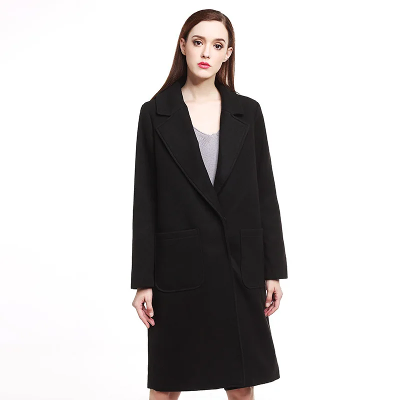 Зимнее женское длинное шерстяное пальто однотонное Свободное с отложным