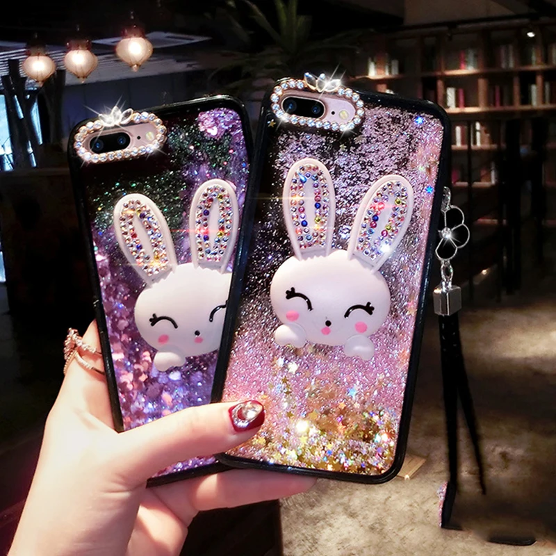 

Quicksand Sparkling Cute Fashion Bunny Lanyard Phone Cases for IPhone 12 Pro Max Mini 11Pro XR XS MAX 8 X 7 6S 6 Plus Case Jewel