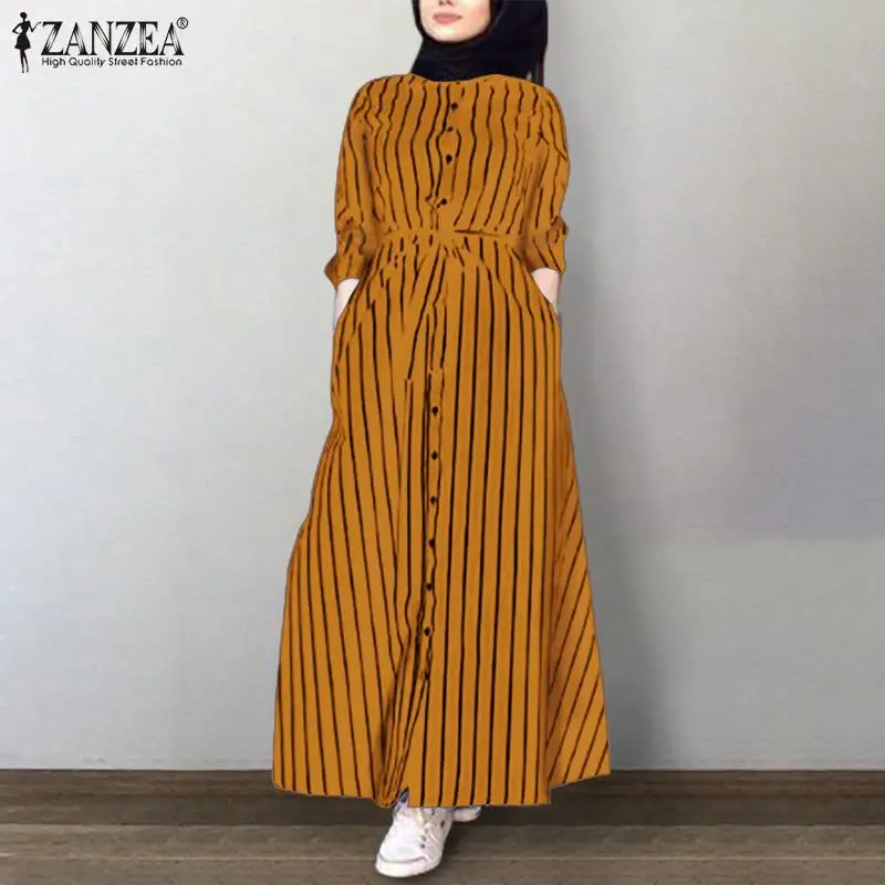 

ZANZEA Vintage Women Muslim Dress Fashion Lapel Neck Long Sleeve Striped Shirt Dress Casual Femme Robe Turkey Abaya Hijab Dress