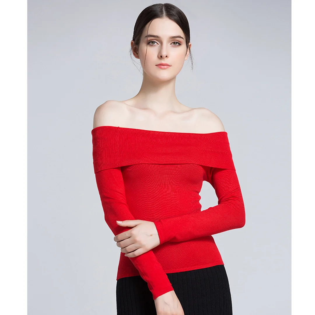CESIUM Women Sexy Slash Neck Skinny Sweater Virgin Killer Knitted Black Pullover Casual Long Sleeve Solid Color Sweaters Tops | Женская