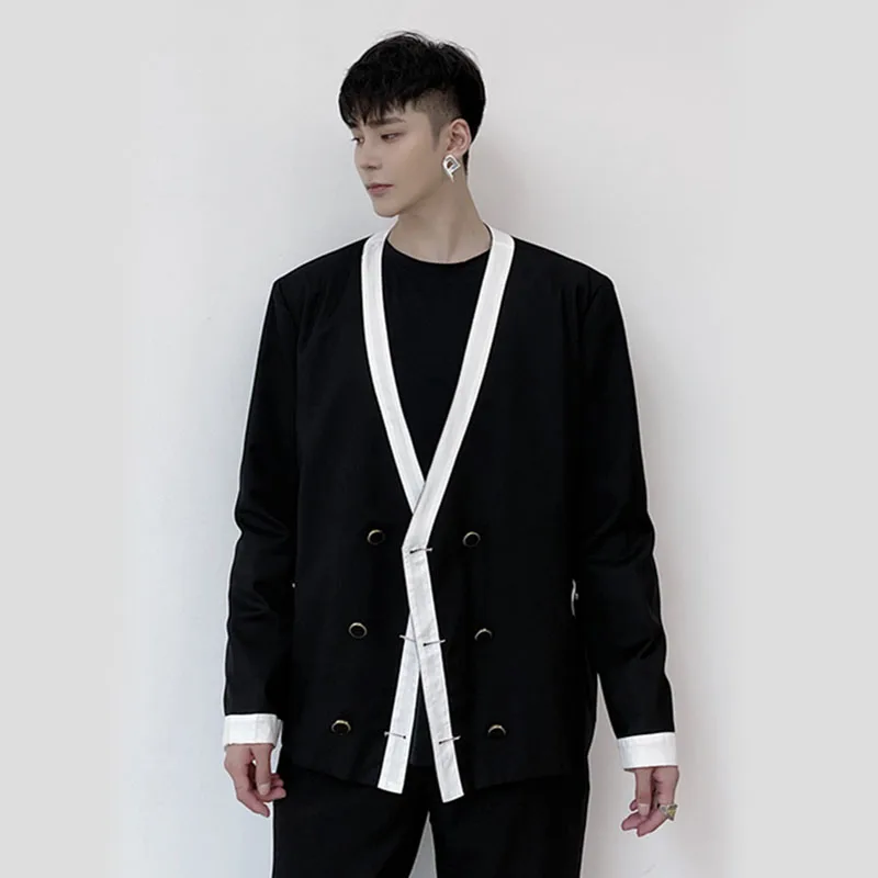 Мужской двубортный пиджак с V-образным вырезом свободного покроя | Мужская одежда