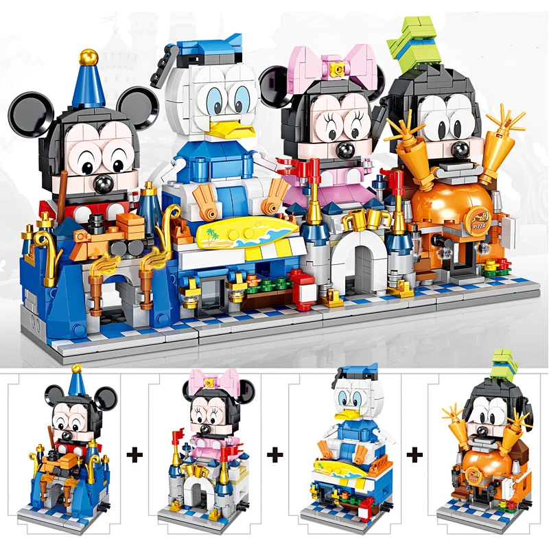 

New 2021 4in1 Disney Anime Mickey Minnie Donald Duck Model Building Block Model City Educational Toys For Children Gift
